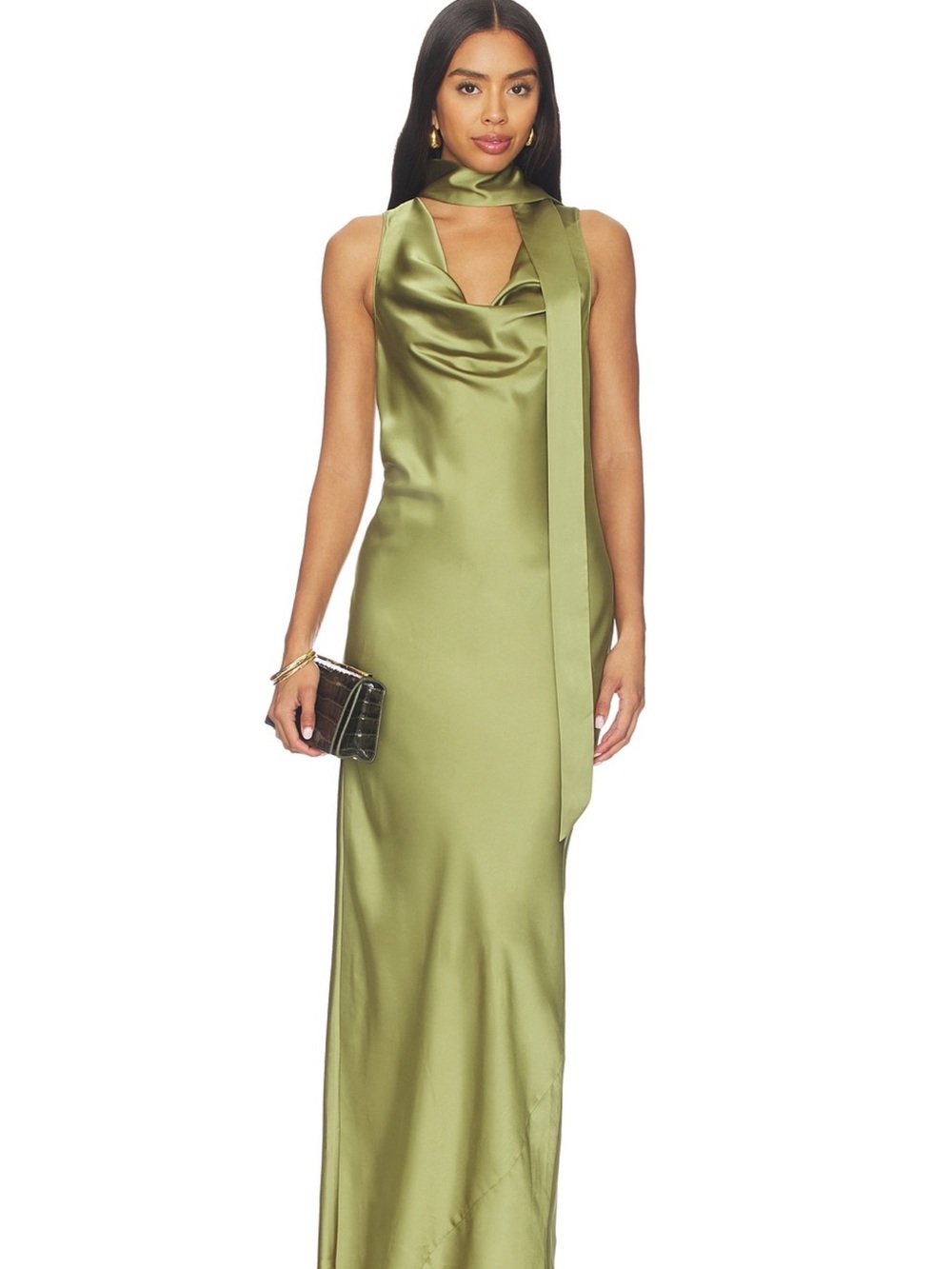 Amanda Uprichard Olive Satin Neck Tie Maxi Dress